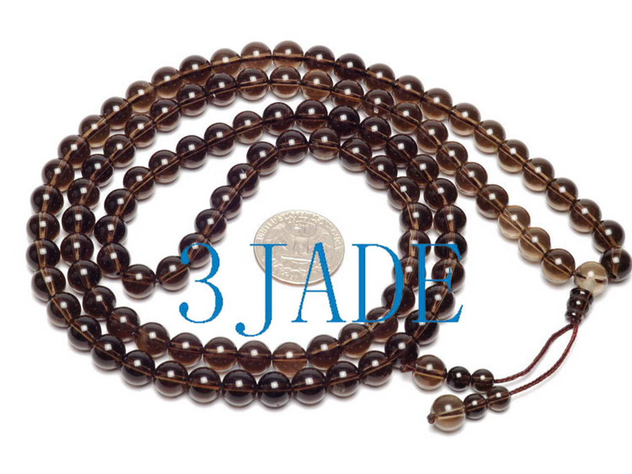 34" Natural Smoky Quartz Mantra Mediation Buddhist Prayer Beads Mala / Necklace-E016028