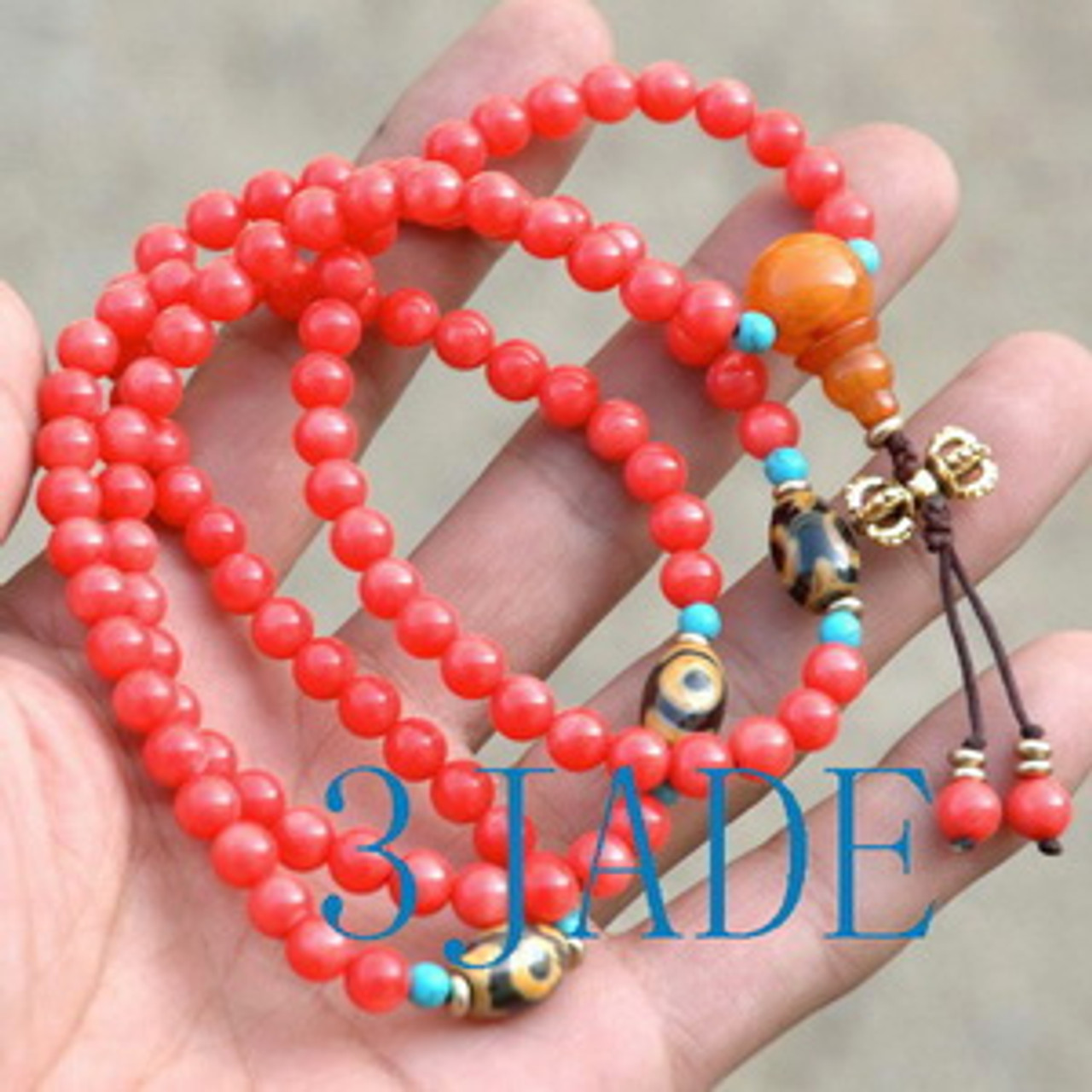 Tibetan Red Coral Mantra Meditation Buddhist Prayer Beads Mala E022010