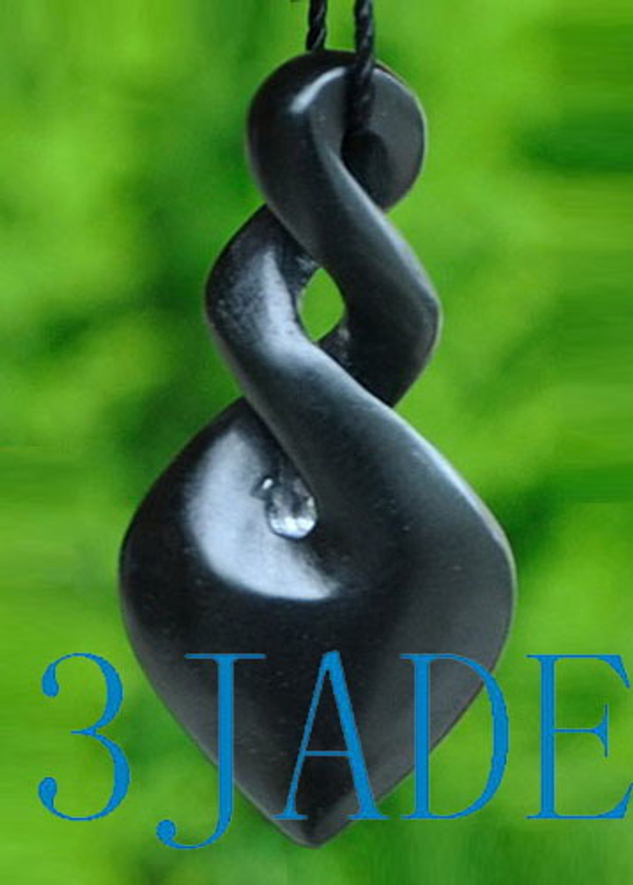 Natural Black Nephrite Jade Double Twist Pendant New Zealand Maori Style Carving