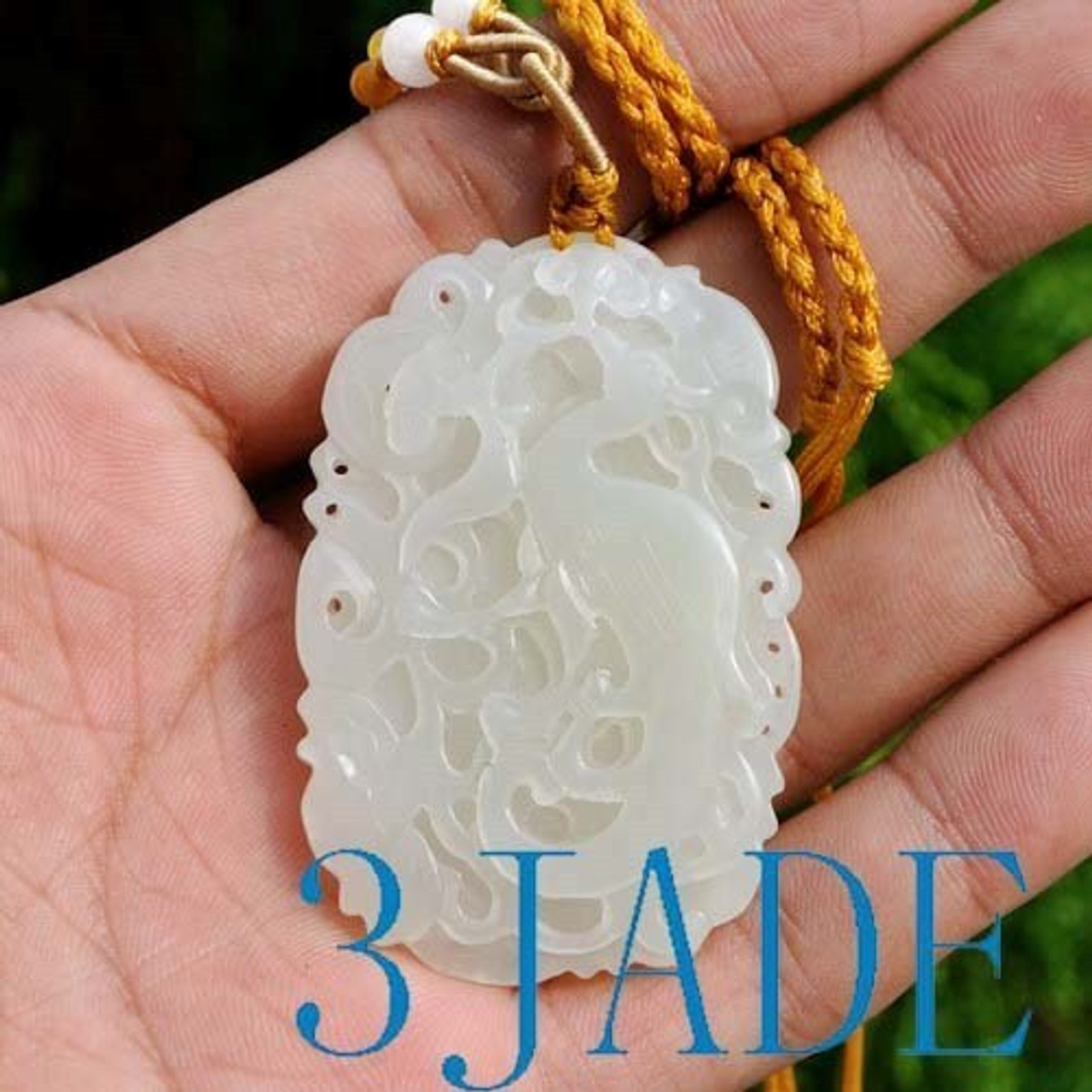 Natural Hetian White Nephrite jade Carving: Phoenix Bird Pendant, w/ certificate