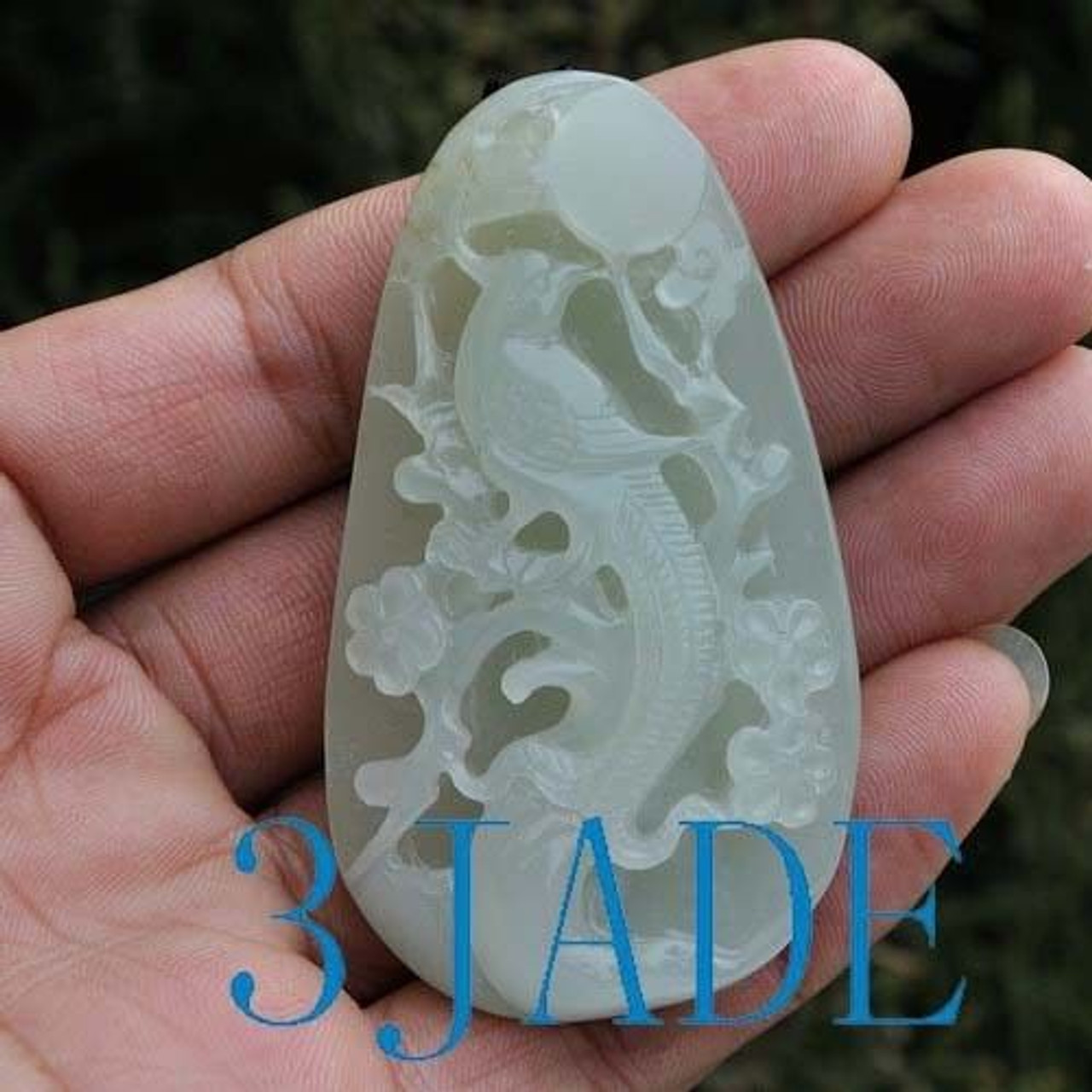 Hand Carved Natural Hetian Nephrite Jade Bird Flower Pendant w/ certificate