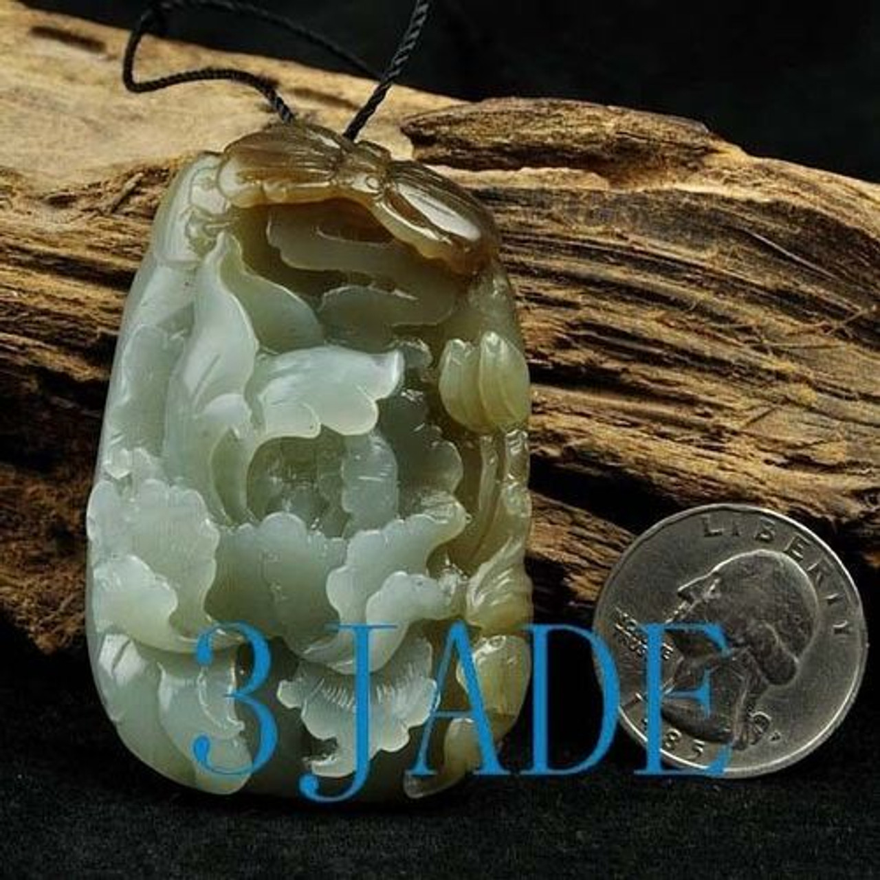Hand Carved Natural Hetian Nephrite Jade Flower Charm Pendant w/ certificate