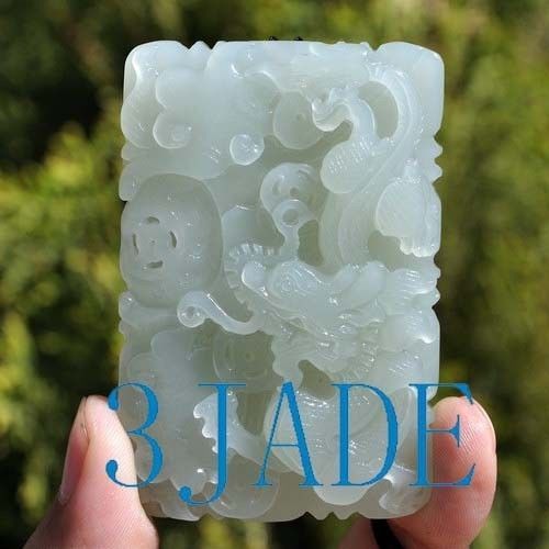 Hand Carved Natural Hetian Nephrite Jade Dragon Pendant  w/ certificate