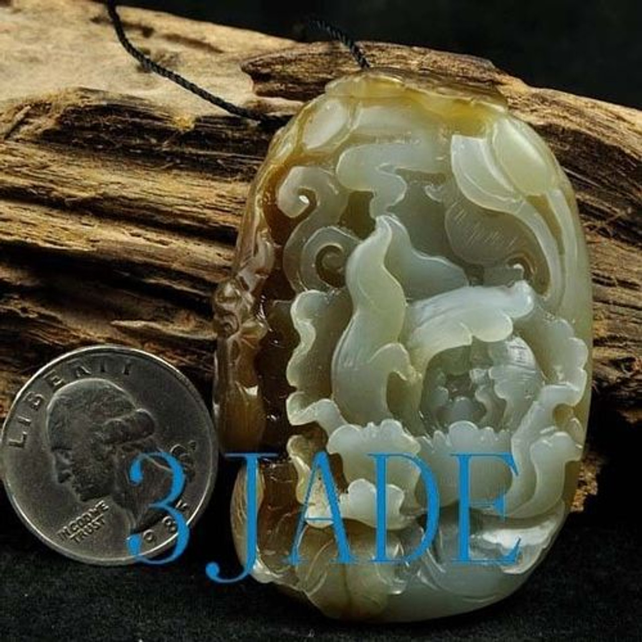 Carved Natural Hetian Nephrite Jade: Phoenix Flower Charm Pendant w/ certificate