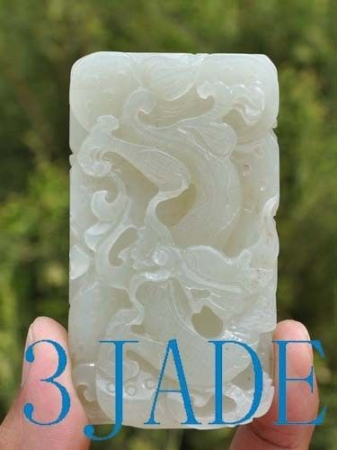 3 1/4" Hand Carved Natural Hetian Nephrite Jade Dragon Pendant,  w/ certificate -G020514