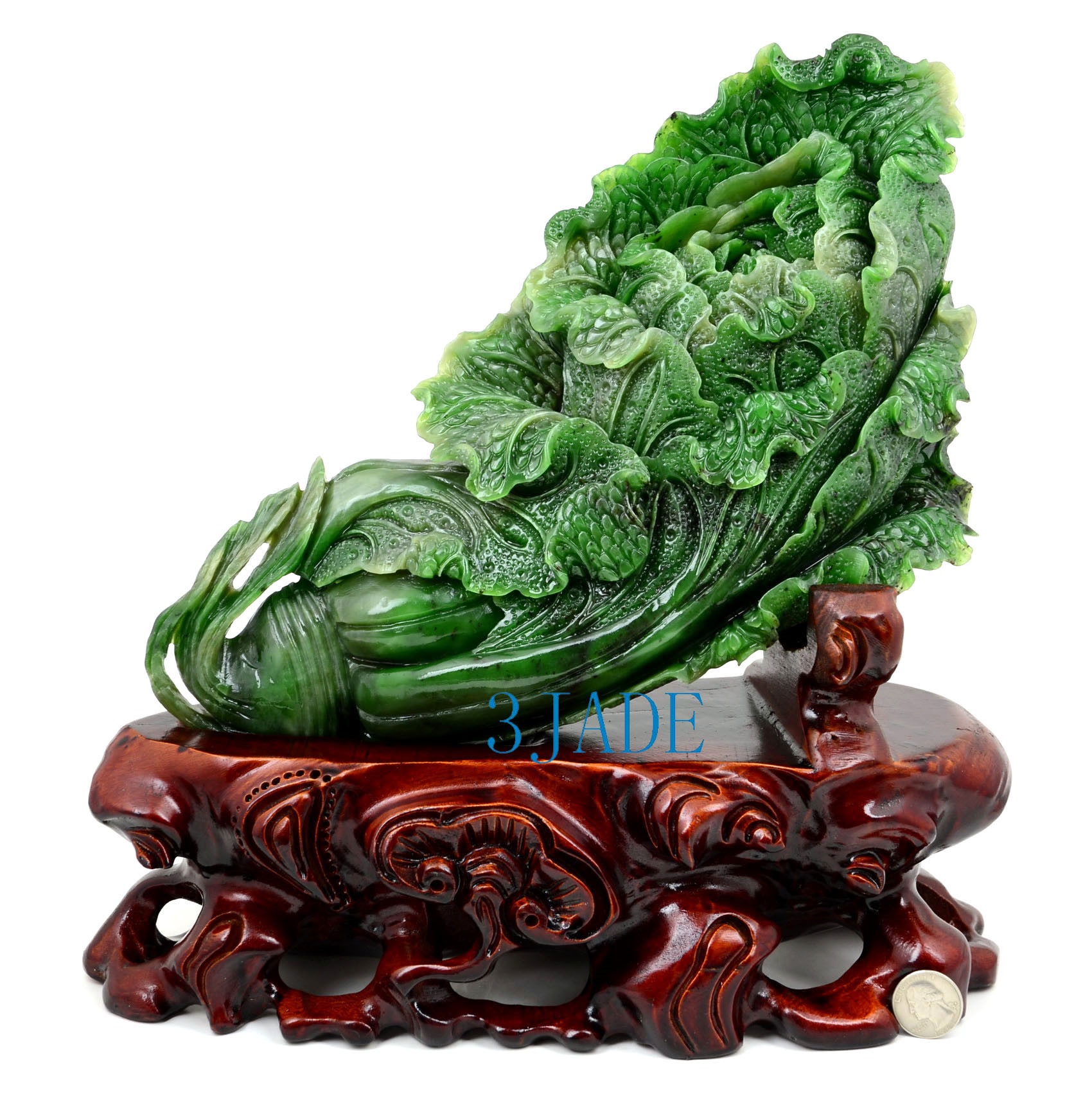 13" Detailed Carved Green Nephrite Jade Chinese Cabbage Sculpture Jade