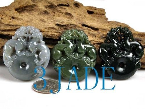 3PCS Natural Hetian Nephrite Jade Lions / Foo Dogs Amulet Pendant / Chinese Art