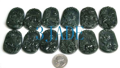 12 Natural Nephrite Jade Gemstone Chinese Zodiac Animal Pendants Wholesale