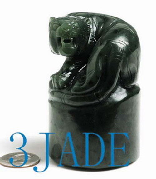 Natural Green Nephrite Jade Tiger Statue / Stamp, Engraving Service Available