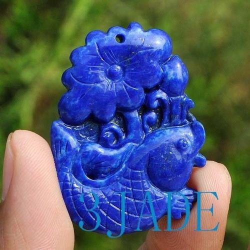 Natural Lapis Lazuli Gemstone Carving: Lotus Koi Fish Pendant / Art