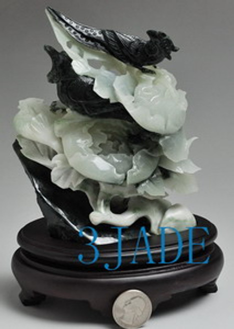 Natural Dushan Jade Carving / Sculpture: Pheasants & Peony  Statue