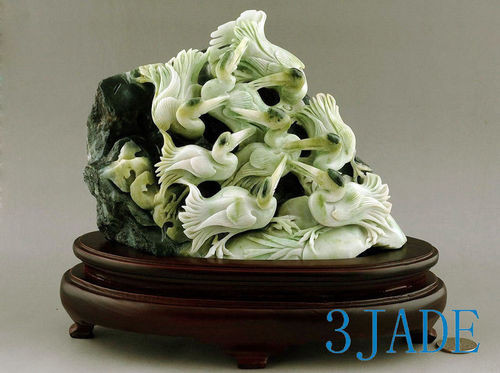 Natural Dushan Jade Carving / Sculpture: Cranes Statue