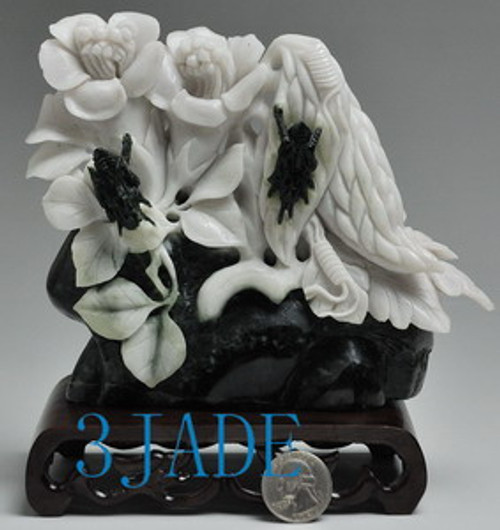 Natural Dushan Jade Carving / Sculpture: Cricket & Flowers Statue