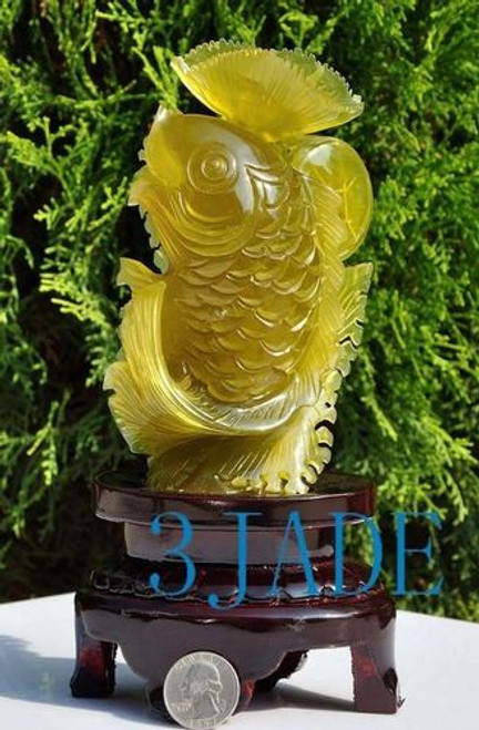 Natural Xiu Jade / Serpentine Stone Carving / Sculpture: Koi Fish Statue J004084