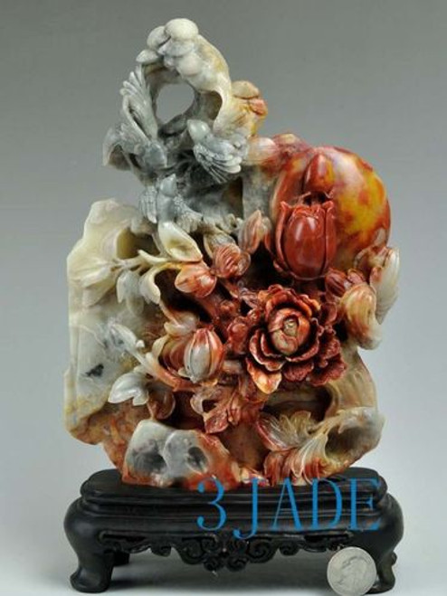 Natural ShouShan Stone / Agalmatolite Carving / Sculpture: Birds Flower Statue