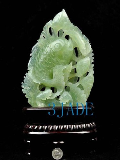 Natural Translucent Xiu Jade / Serpentine Carving / Sculpture: Koi Fish Statue