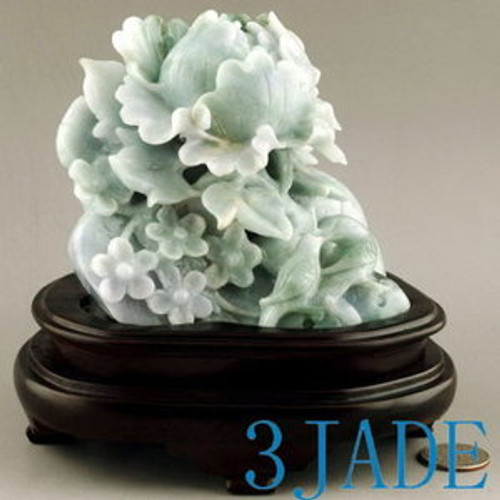 Natural Jadeite Jade Carving / Sculpture: Birds & Flower Statue