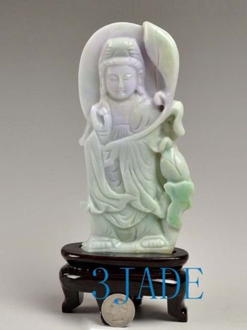 Hand Carved Natural Jadeite Jade Carving / Sculpture: Kwan Yin / Guanyin Statue