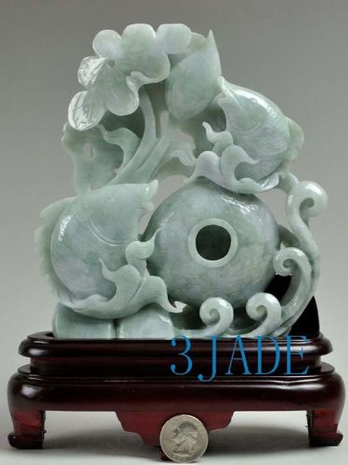 A Grade Natural Jadeite Jade Carving / Sculpture: Lotus Koi Fish Basket Statue