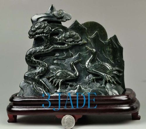 Natural Nephrite Jade Carving: Cedar Tree Cranes Birds Statue Sculpture