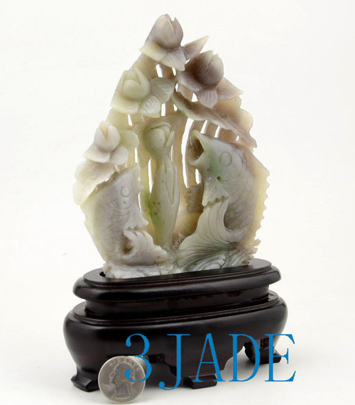 Multi-color Nephrite Jade Lotus Koi Fish Statue Carving / Sculpture