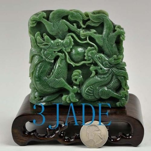 Natural Green Nephrite Jade Dragons Playing With Ball Statue /Carving /Sculpture J026155