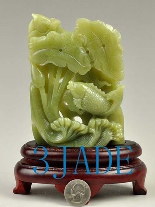 Natural Hetian Nephrite Jade Carving: Lotus Koi Fish Sculpture,  w/ certificate