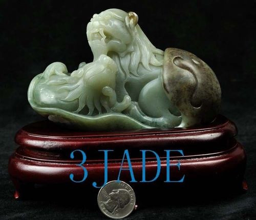 Natural Hetian Nephrite Jade Foo Dogs / Lions Statue / Carving w/ certificate