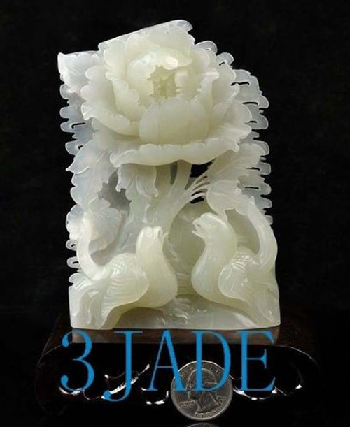 Natural Hetian Nephrite Jade Flower Birds Carving / Sculpture w/ certificate