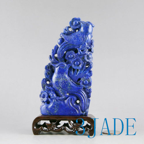 Natural Lapis Lazuli Gemtone Carving / Sculpture: Flower Birds Statue