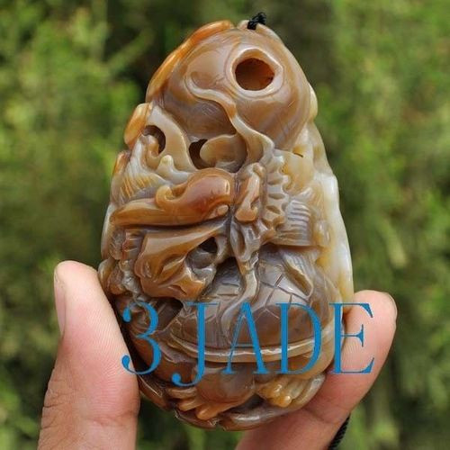 84mm Hand Carved Natural Chalcedony / Agate Dragon Turtle Paperweight / Amulet