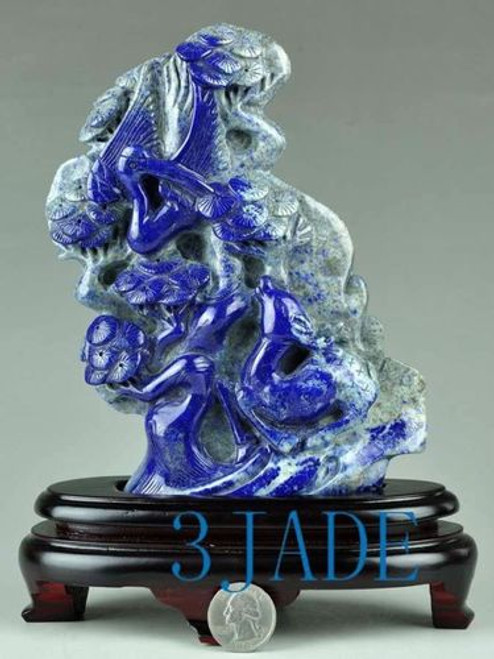 Natural Lapis Lazuli Gemstone Carving: Cedar Tree Crane Statue / Sculpture