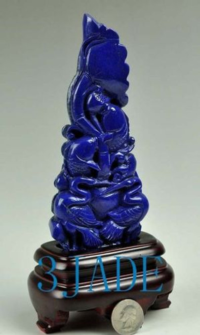 Natural Lapis Lazuli Gemstone Carving Sculpture: Lotus Fish Cranes Statue