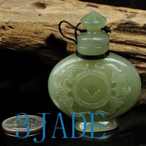 Hand Carved Natural Hetian Nephrite Jade Lucky Bats Snuff Bottle w certificate