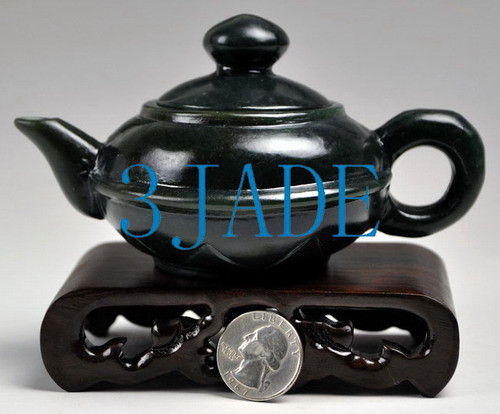 5 1/4" Hand Carved Natural Nephrite Jade Teapot Carving / Sculpture -N008091