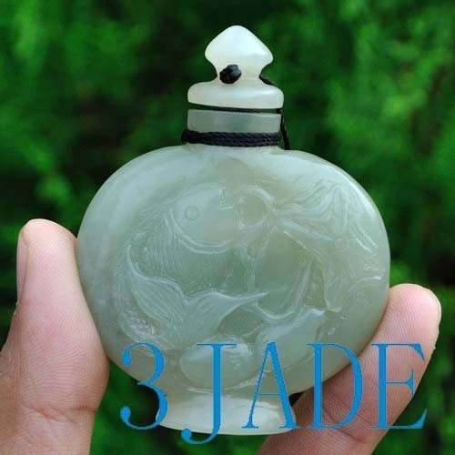 Carved Natural Hetian Nephrite Jade Lotus Koi Fish Snuff Bottle, w/ certificate N009100