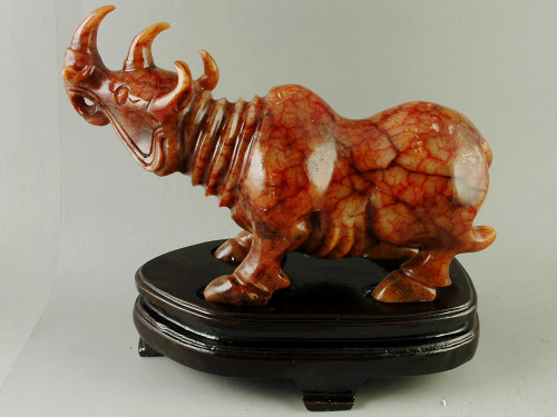 Vintage Style Serpentine Rhinoceros Statue Chinese Xiu Jade Carving