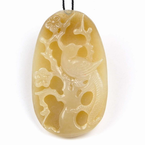 Honey brown nephrite jade bird flower pendant