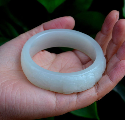 Carved 59.5mm Hetian White Jade Flower Bangle