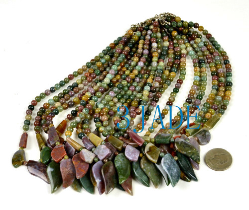 17" Natural Multi-color Moss Agate Leaf Shaped Beads Necklace