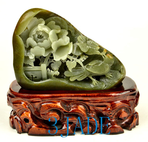 Hetian Seed Jade Bird Flower Statue