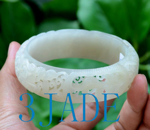 67mm Carved Flower White Jade Large Size Bangle Bracelet