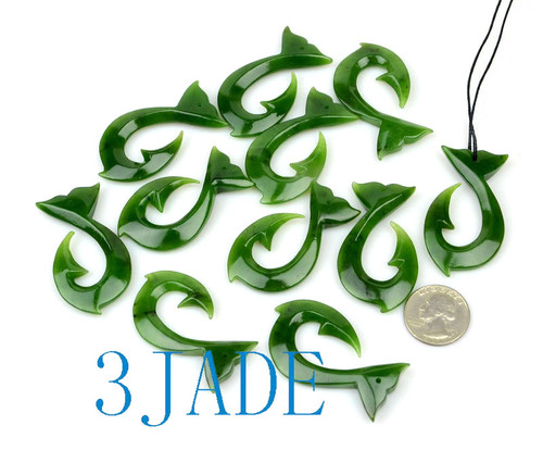 Green Jade Whale Tail Fish Hook Pendant NZ Maori Hei Matau Necklace