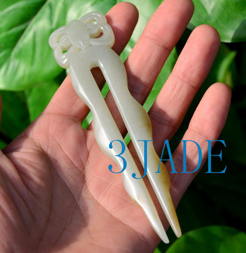 hand carved two prong jade stone hairpin