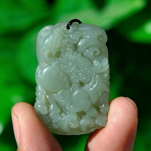 Natural Nephrite Jade Pixiu Pendant / Feng Shui Pi Yao Necklace