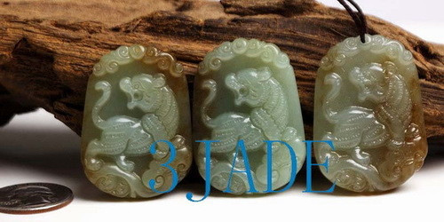 3PCS Natural Hetian Nephrite Jade Carving: Tiger Amulet Pendants