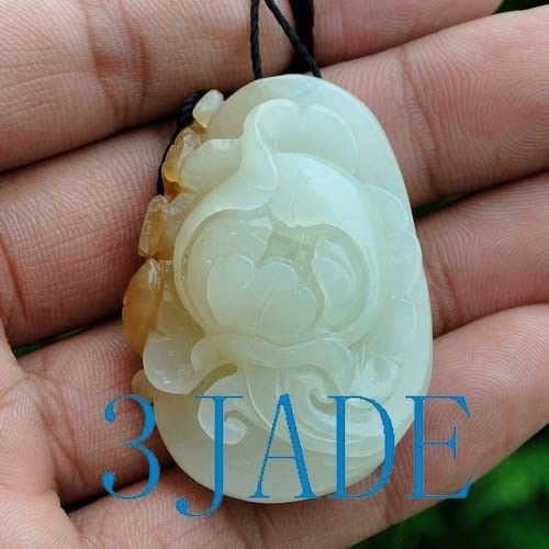 Hand Carved Natural Hetian Nephrite Jade  Flower Charm Pendant w/ certificate