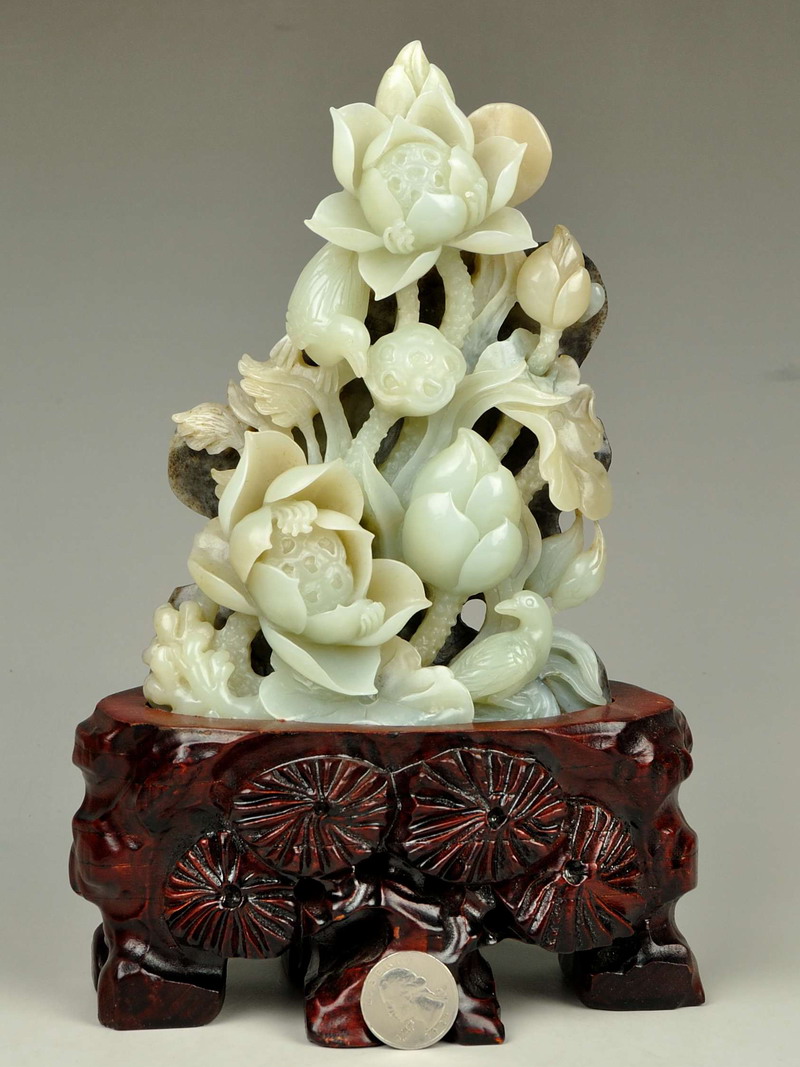 Natural Hetian Nephrite Jade Lotus Flower & Bird Statue Carving