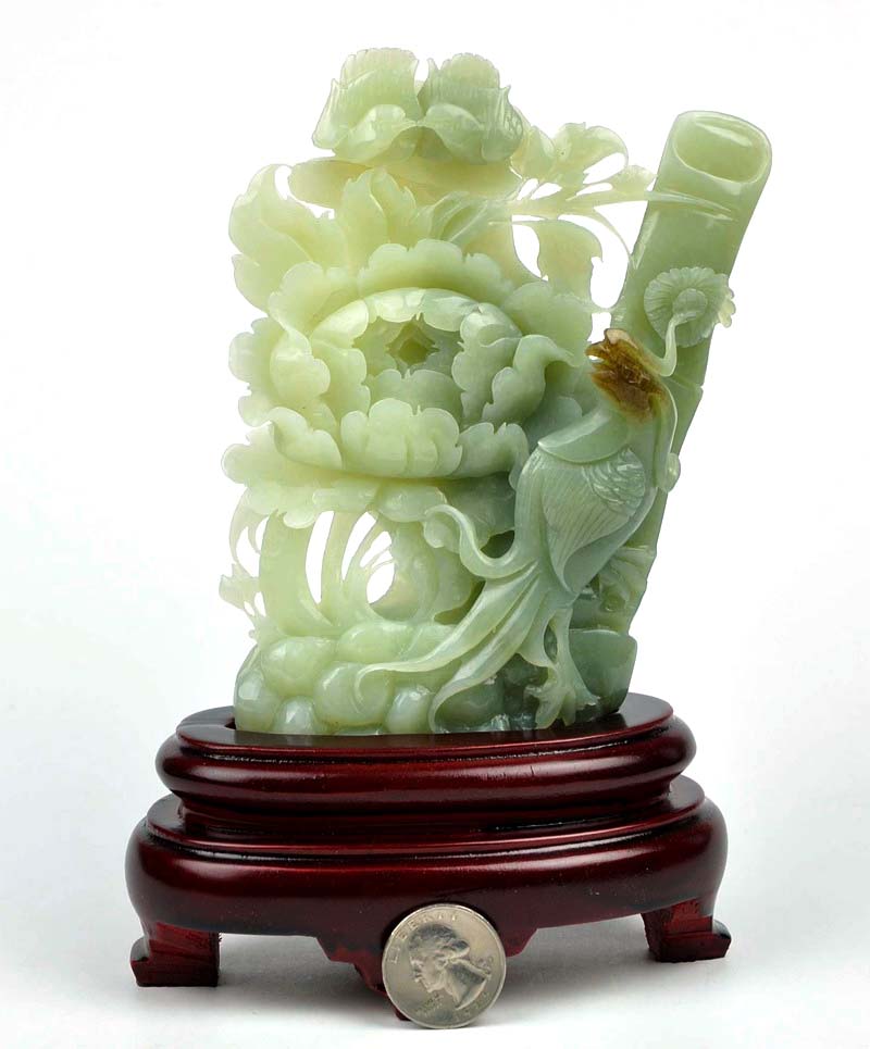 Natural Hetian Nephrite Jade Peony Flower & Phoenix Statue
