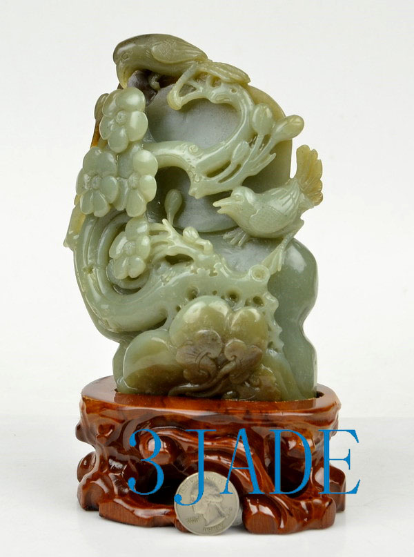 Natural Hetian Nephrite Jade Bird Flower Statue Chinese Carving w